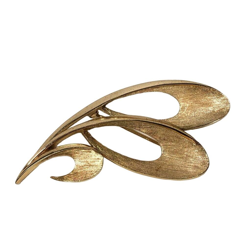 Modernist Trifari Crown Signed Brooch, Gold tone Swirl Swoosh Hat Sweater Pin